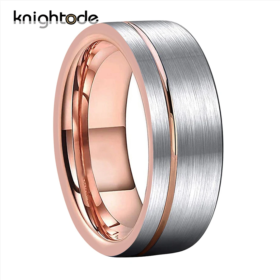 

8mm Rose Wedding Band Men Women Tungsten Carbide Engagement Rings Offset Grooved Flat Brushed Comfort Fit