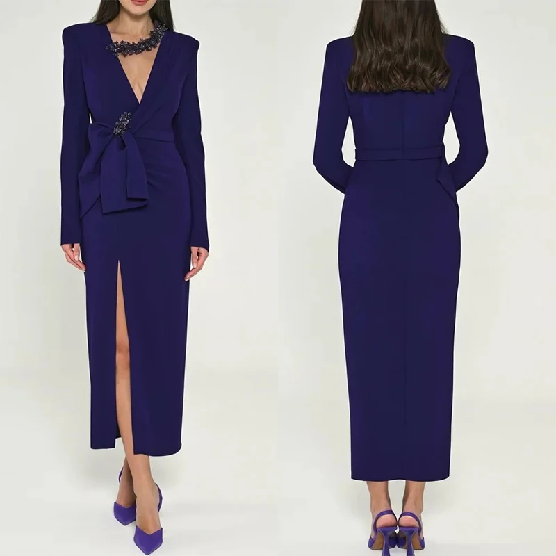 فساتين سهرة رسمية أنيقة على شكل حرف V مزينة بالخرز وطيات جانبية وفتحة جانبية فساتين لحضور الحفلات الموسيقية مخصصة abendkleider