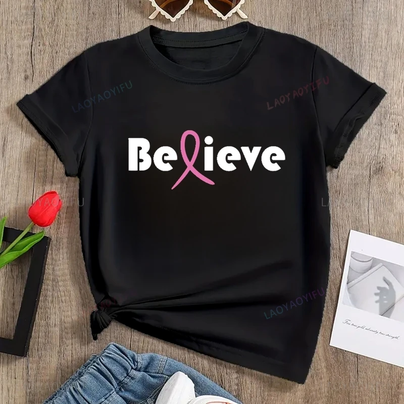 Breast Cancer Awareness Printed T-shirt, Spring/Summer Casual Loose Top, Caring for Women's Health, Women's Casual Cotton Shirt