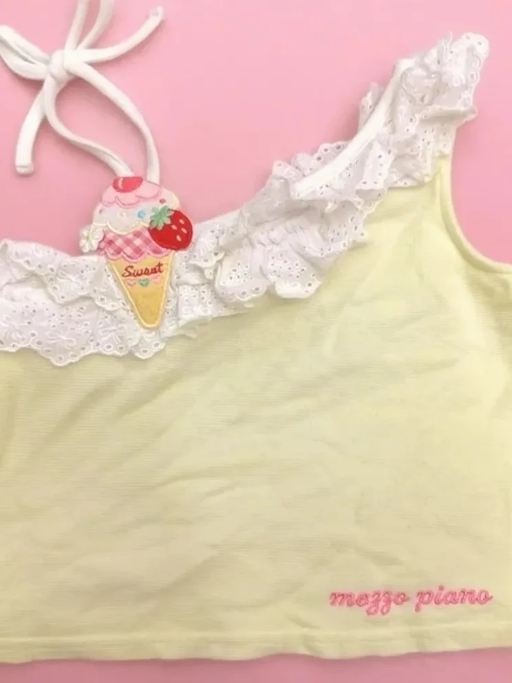 

Sweet Pure Japanese Sle Embroidered Lace Trim Ice Cr Print Crop Top Tank Vest ort Length Slim Fit Base Layer Outerwear