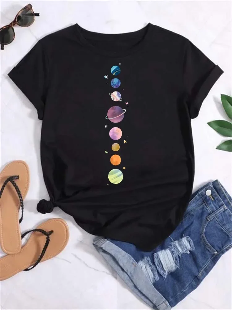 Maycaur T Shirt Women Moon Planet Print Fashion Tops Round Neck Short Sleeve Streetwear Graphic Clothing Female Casual Tee