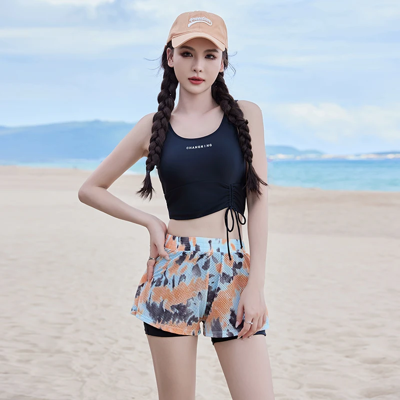 Long Sleeve Shorts Fitness Women Swimsuit Swimwear Bathing Suits Swim Printed Mesh Cover Up With Hat Sports Zipper