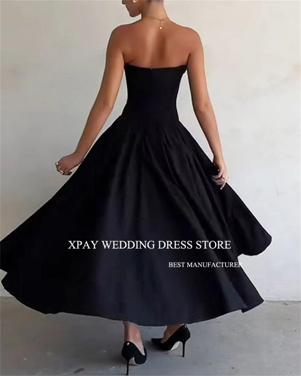 XPAY Elegant Black Evening Party Dresses V-Neck Strapless Draped A-line Prom Gown Fashionable Simple Daily Dresses for Women