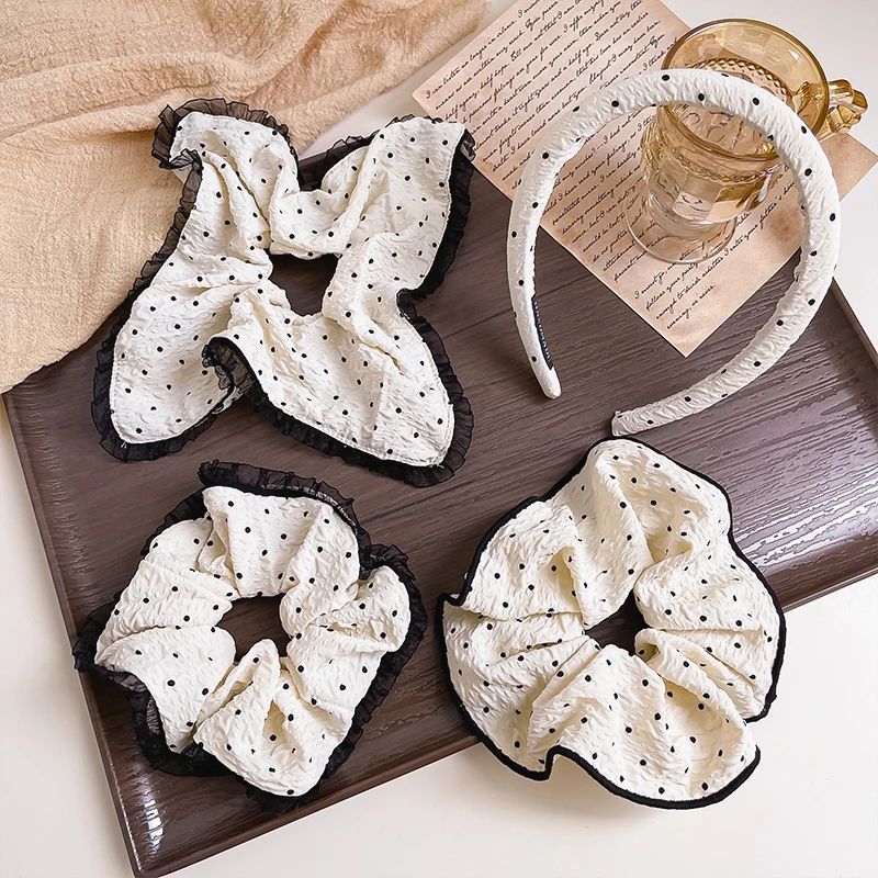 Koreanischer Polka-Dot-Haargummi für Damen, Schleifen-Rüschen-Haarband, eleganter französischer Stil, elastisches Haarband aus Stoff, Haaraccessoires für Mädchen. – Detail 2