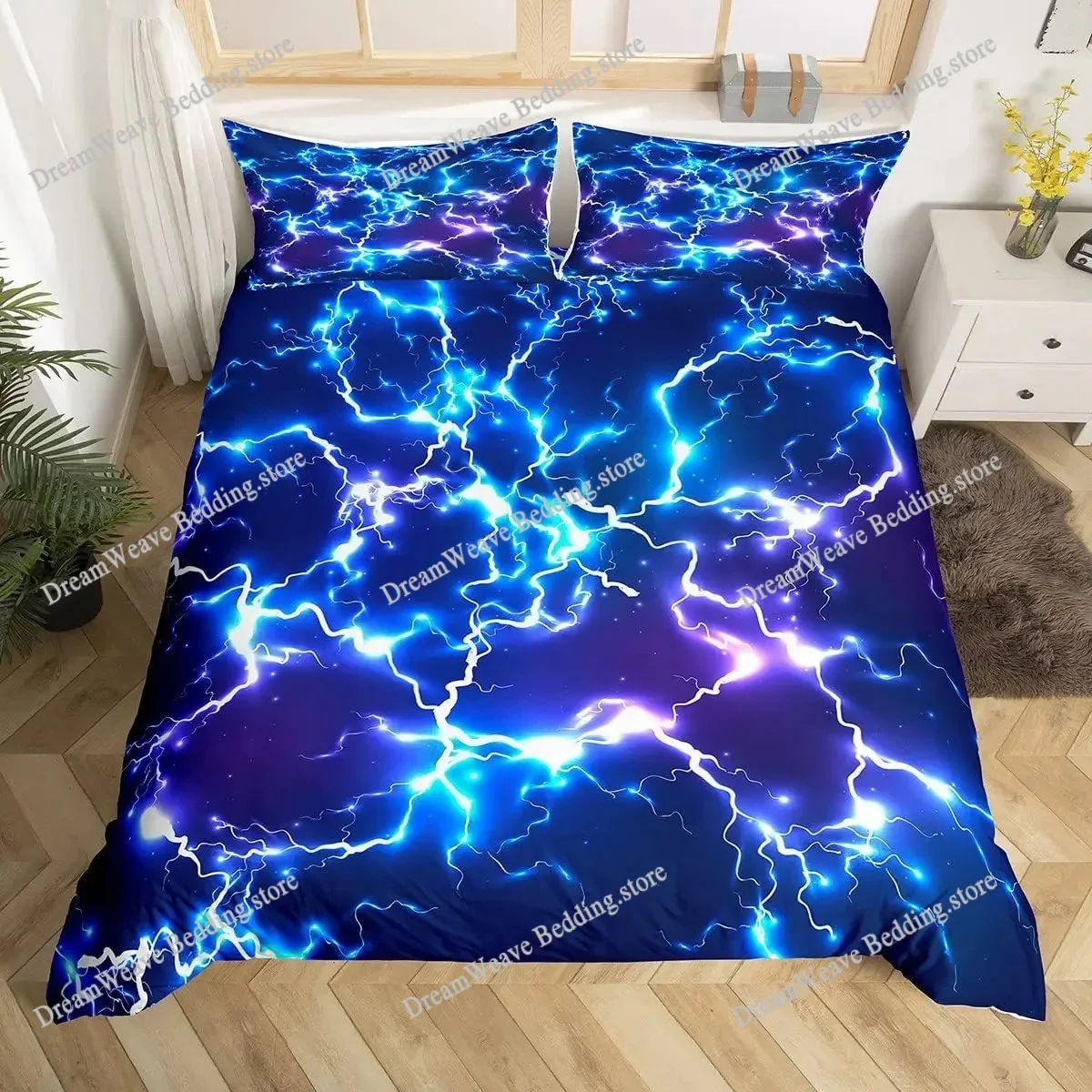 Purple Lightning Duvet Cover Queen Thunder Print Bedding Sets for Kids Teen Adults Violet Room Decor Soft Comforter Covers