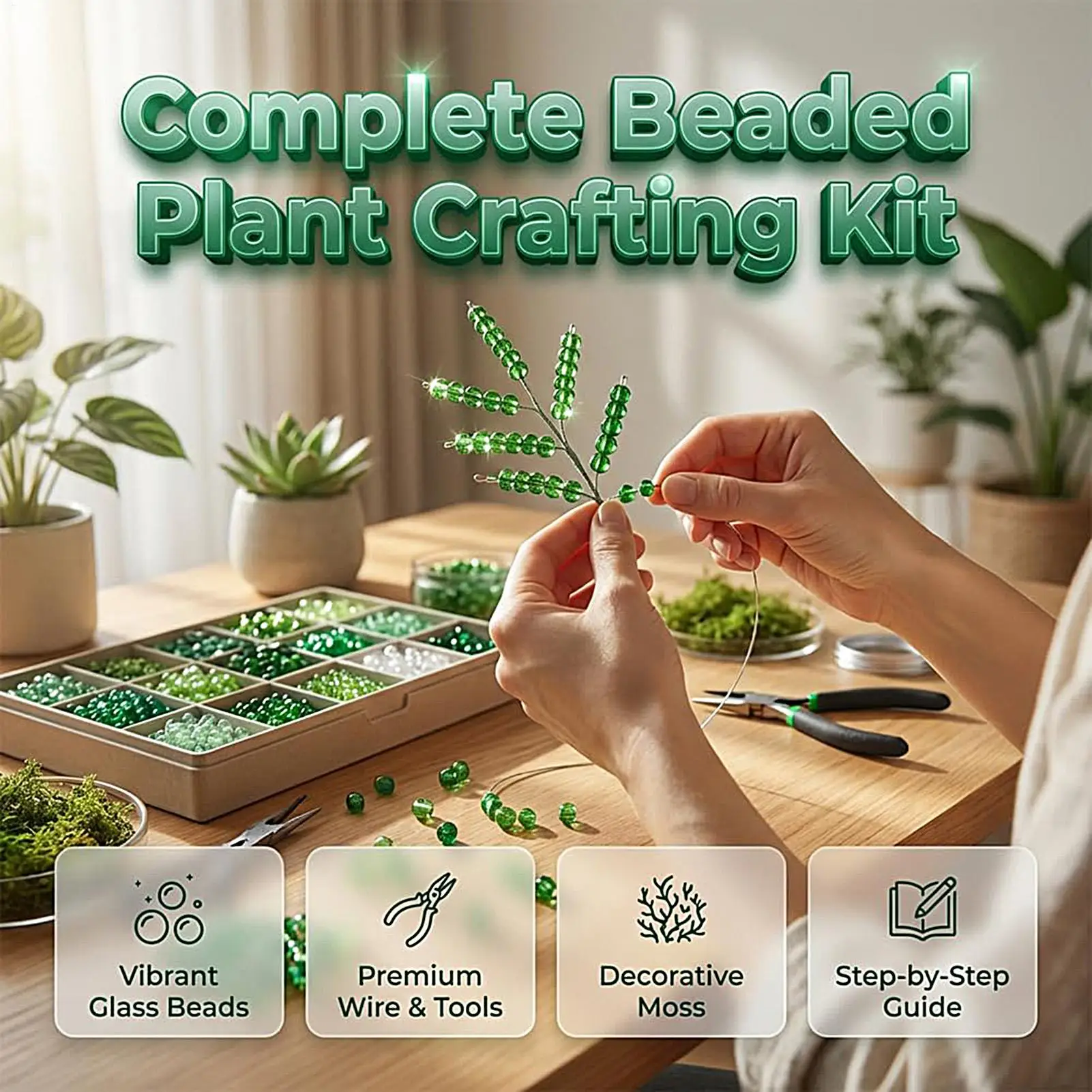 Beaded Plant Kit Handmade Crafting Set DIY Green Beading Kit for Women Men Hobbyists Art Students Professionals Home Craft Room
