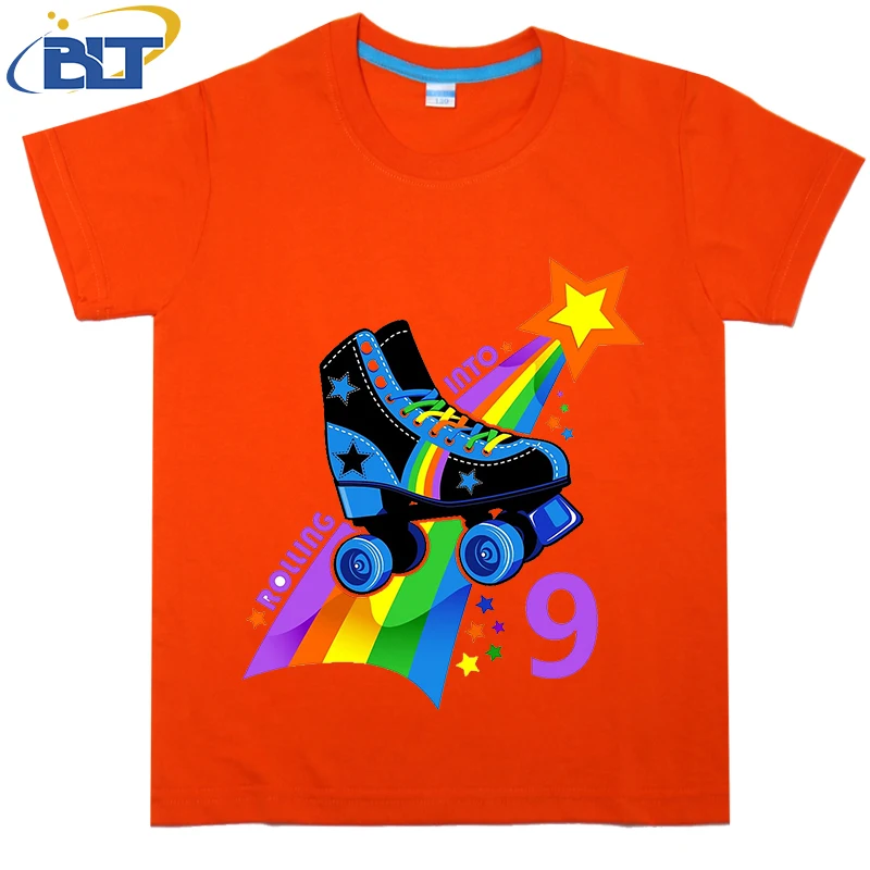 9th Birthday Roller skate cool printed kids T-shirt summer cotton short-sleeved casual top suitable for both boys and girls