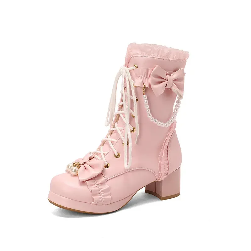 Ruffles Vintage Lolita Women Wedding Boots Chunky Block Square High Heels Thick Platform Gothic Shoes Black White Pink Lace Up