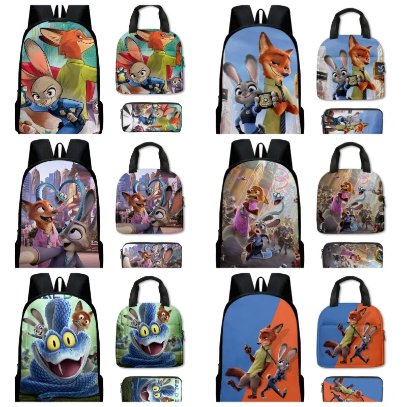 

New Disney Anime Zootopia 2 Three-piece Set Cute Cartoon Print Backpack Lunch Bag and Pen Case Boys and Girls Birthday Gifts