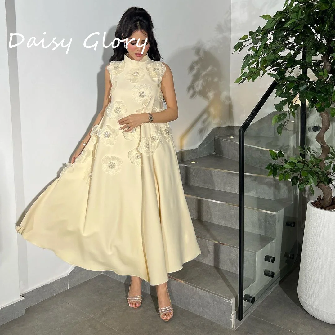 High Collar Prom Dresses Applique Light yellow Evening Party Gowns A-Line Strapless Floor Length Wedding Dress Saudi Arabia 2024