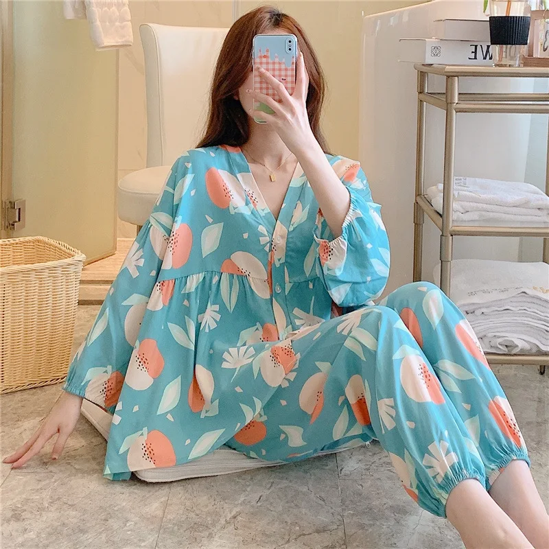 Baggy Pajama Sets Women Lantern Sleeve Summer Elegant New Sleepwear Simple Lady Thin Breathable Mixed Color Casual Sleepwear