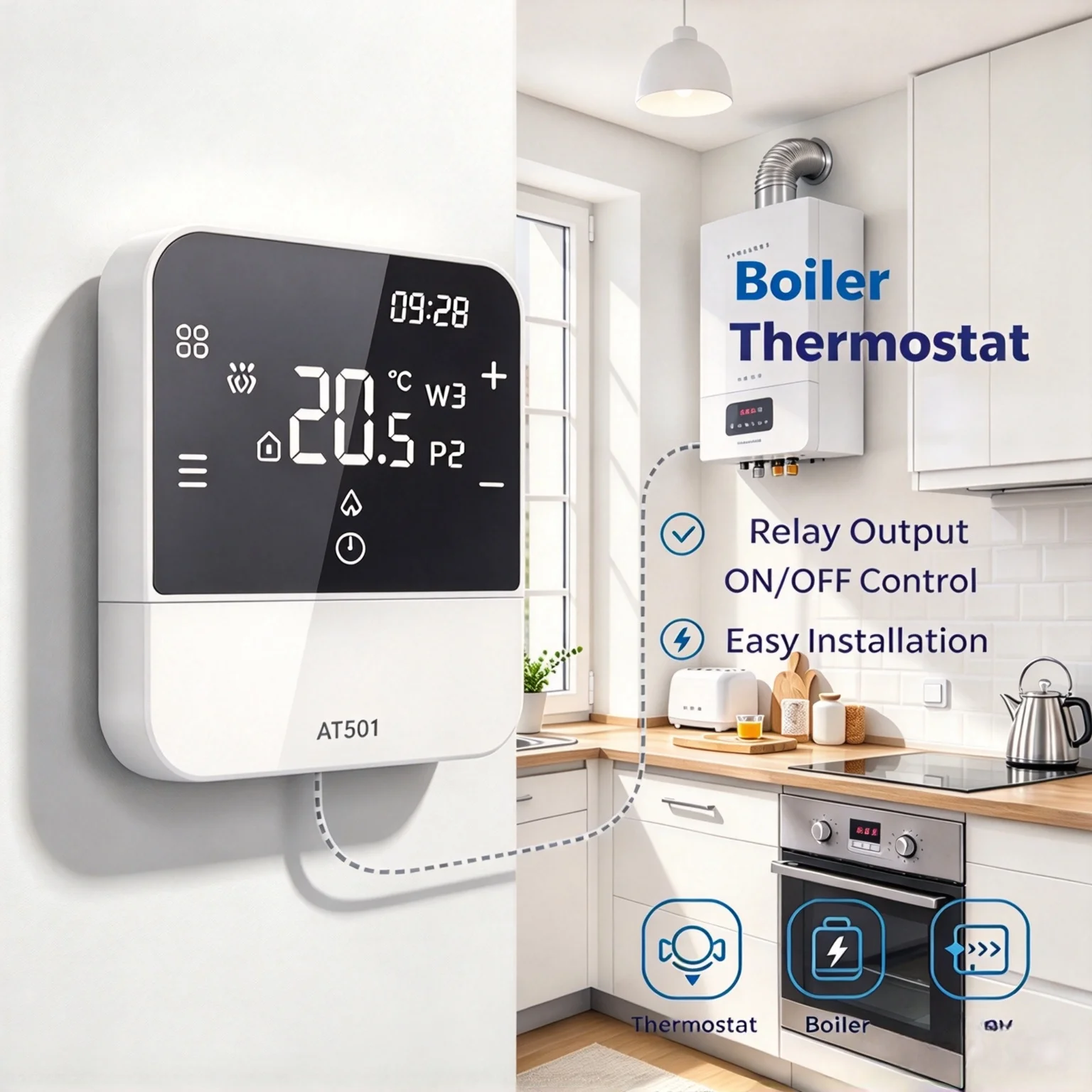 Digital Programmable Room Thermostat For Gas Boiler Battery Thermostat Heating Temperature Controller 2-Wire Wall Mount Cooling