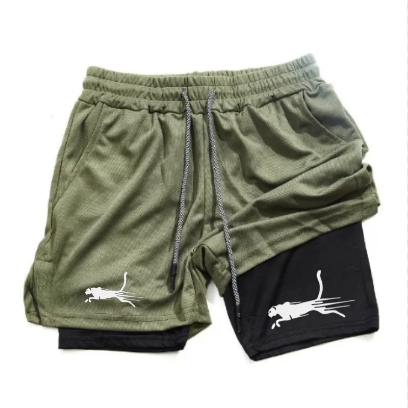 2024 neue Herren-Zwei-in-Eins-Sportshorts mit Jagdhund-Logo, schnell trocknende Laufshorts, Fitnessstudio, Fitnesstraining, doppellagig