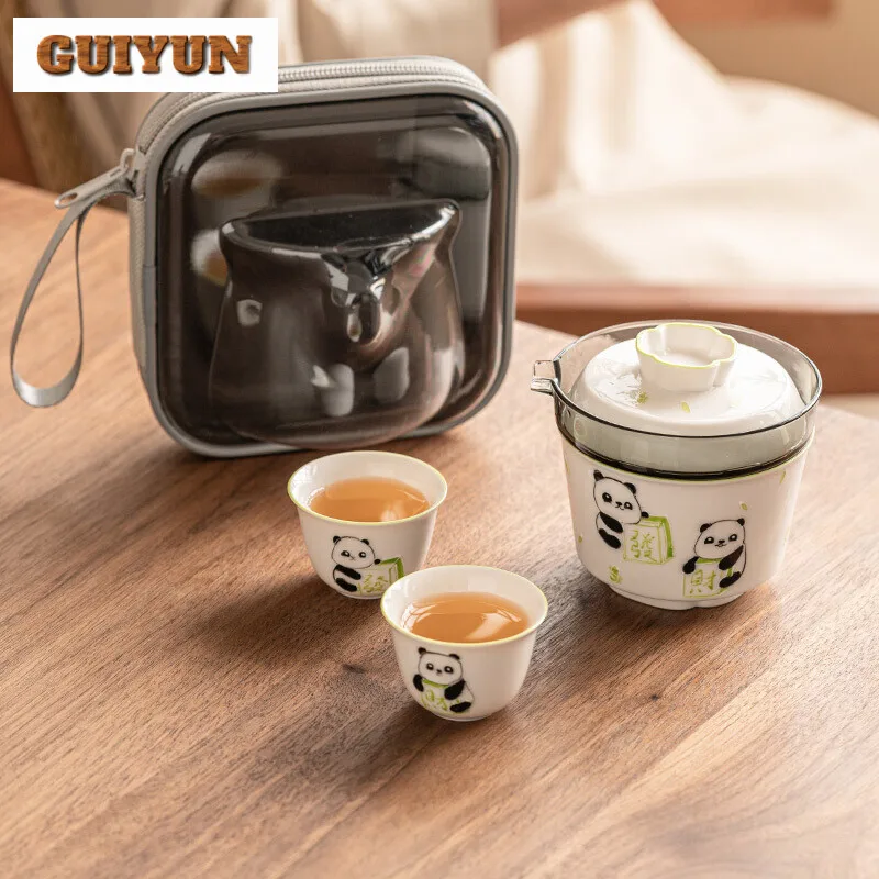 Hand-painted Panda Wealth Travel Tea Set Household Portable Tea Set Kit Luxury 1 Pot 3 Cups Tea Maker Tote Bag Equipment Gift