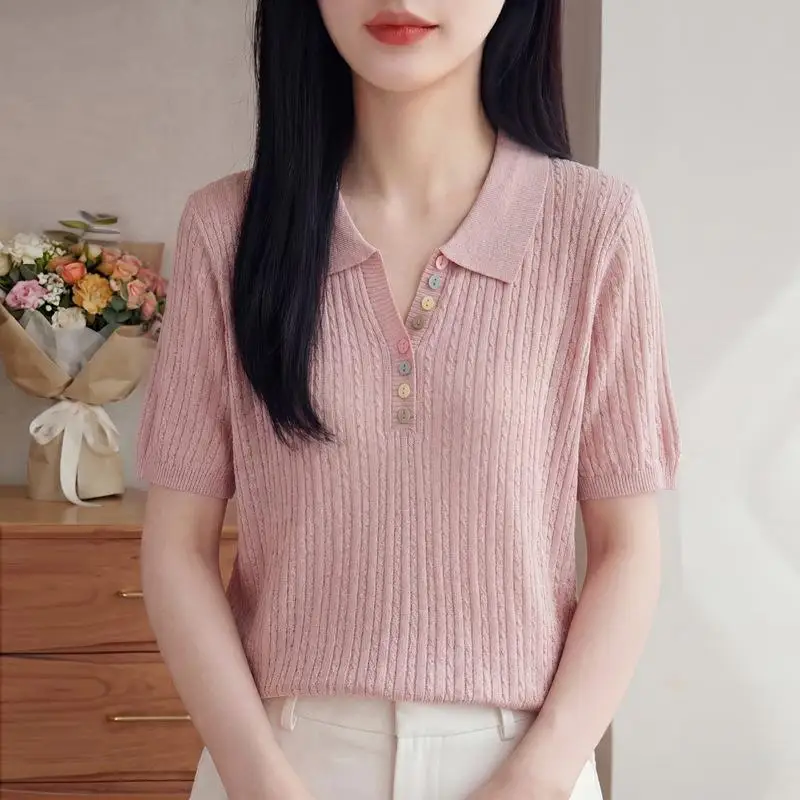 Elegant Knitted Short Sleeve T-Shirt Women's Summer New Style Large Size Age-Defying Button-Up Collar Base Layer Top