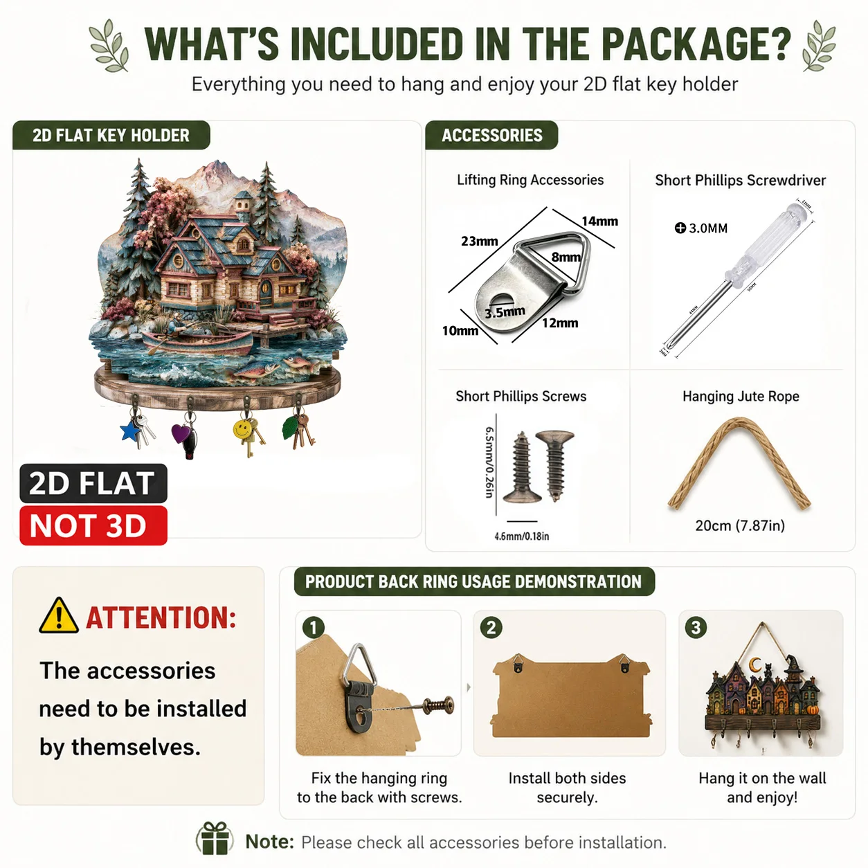 2D FLAT NOT 3D,1PCS Mountain Lake Hut Wood Key Holder,4 Hooks,Warm Cabin Wall Decor,Entryway Organizer,Manual Assembly Required