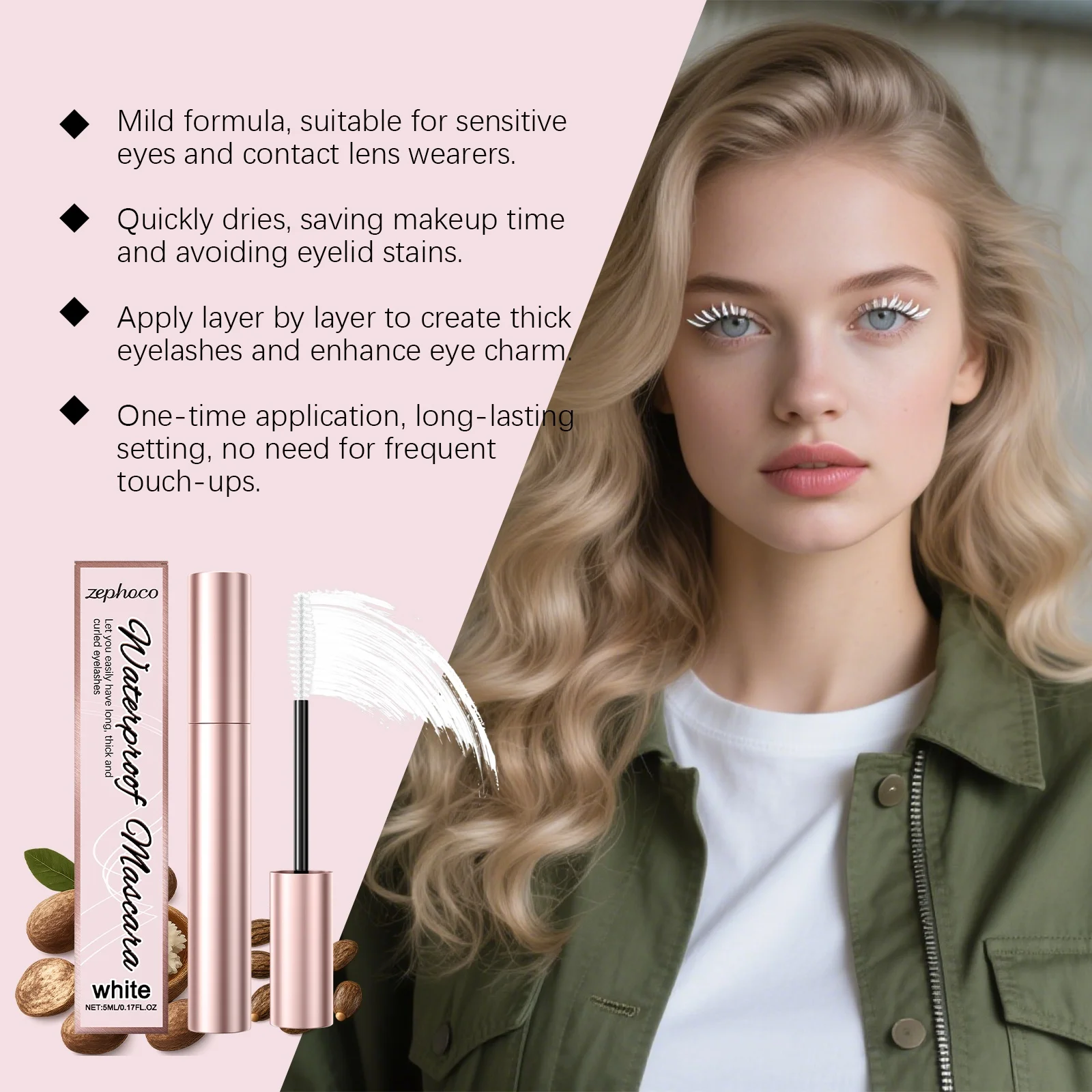 Zephoco White Mascara é um rímel portátil que alonga naturalmente as raízes sem manchas ou aglomeração