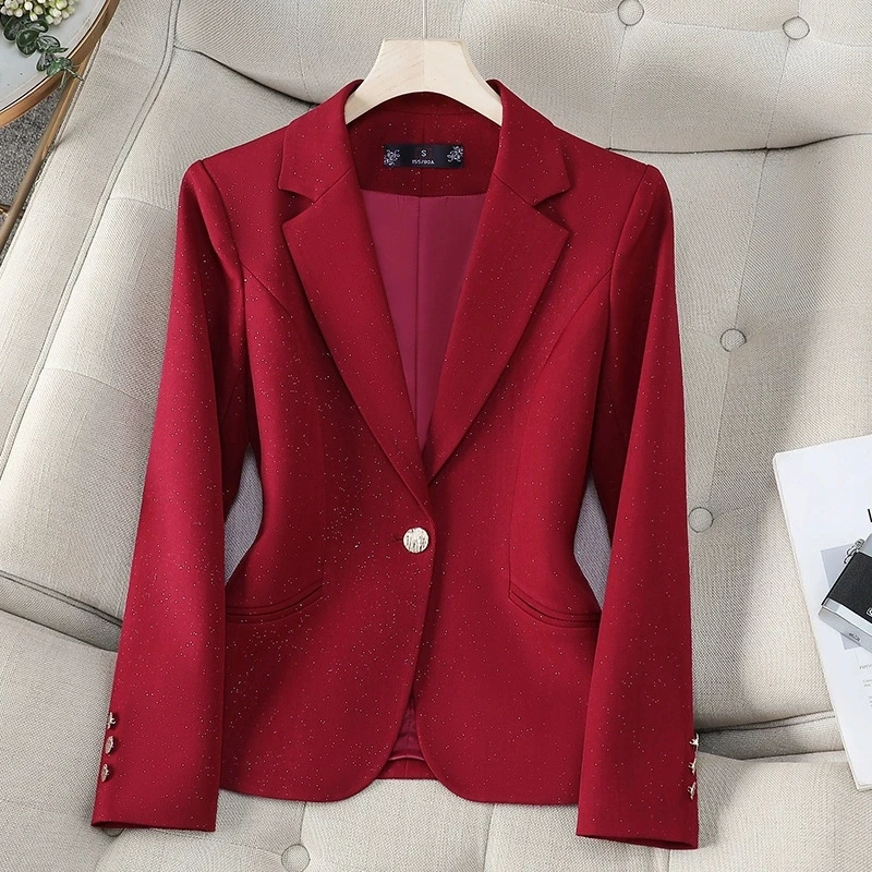 

Long Sleeve Spring Autumn Women Blazer Jacket Ladies Black Khaki Red Single Button Female Business Work Wear Formal Suit Coat