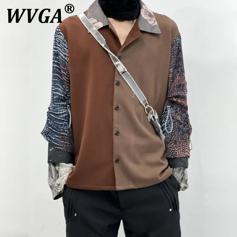 

WVGA Tops Spring Autumn New Man Layered Distorted Printed Floral Patchwork Trendy Niche Chic Casual Long Sleeve Shirt Ins W11312