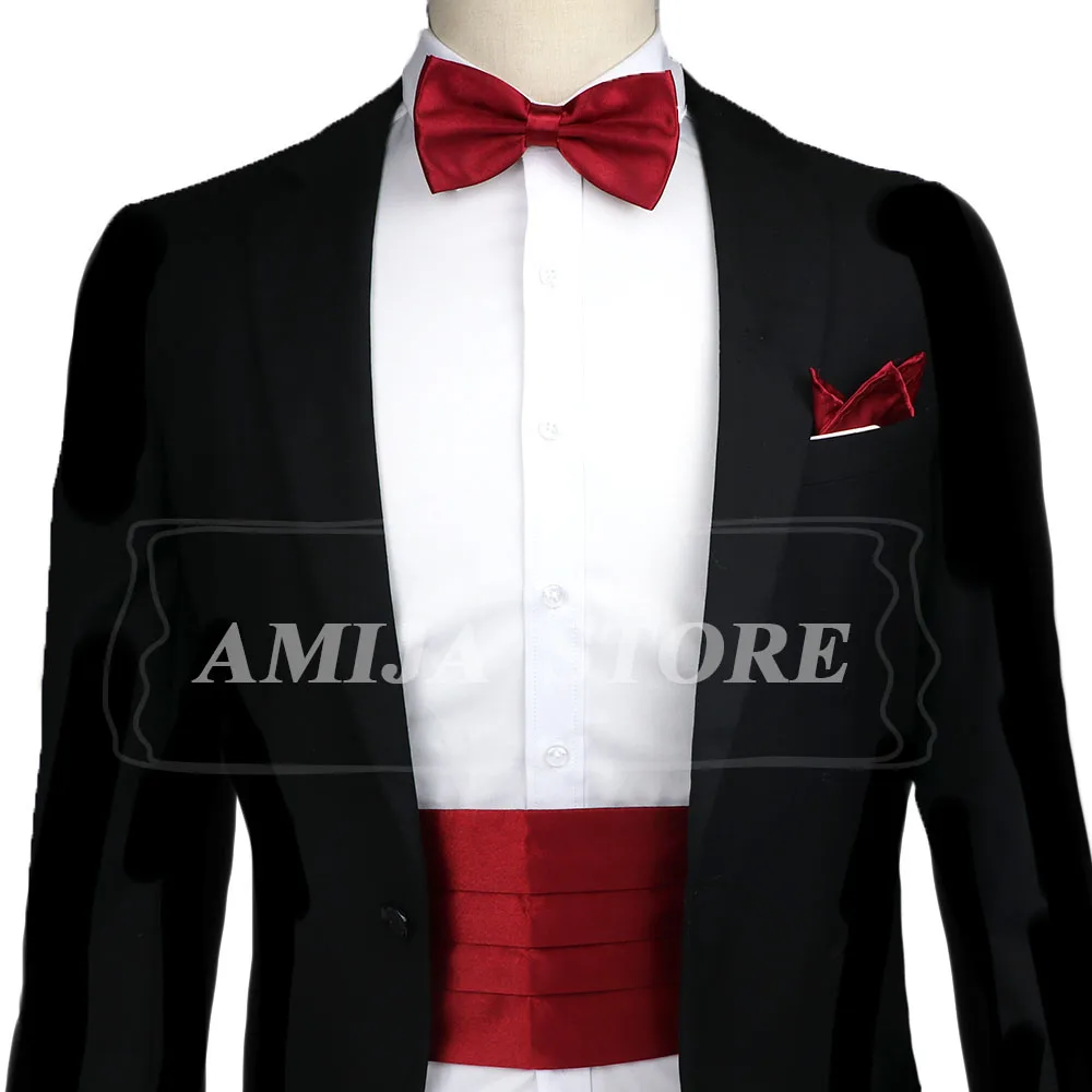 Smoking Homme 3 Pièces Ceinture Satin Noir Réglable - Nœud Papillon Et Pocket Square