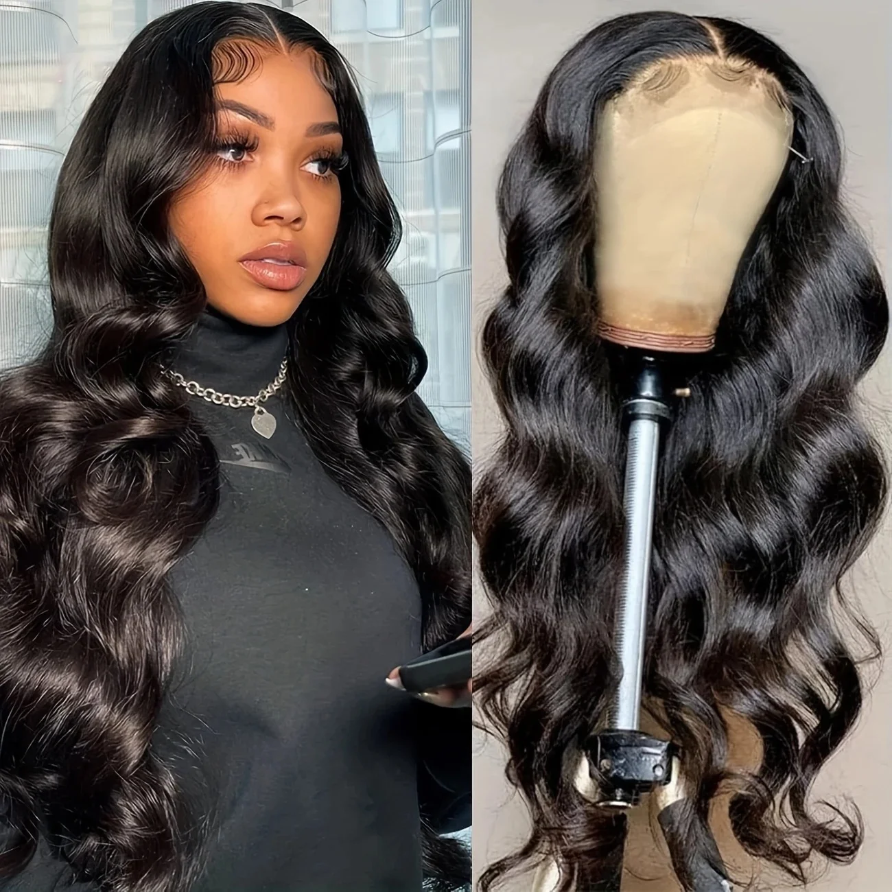 

13×6 Body Wave Pre Plcked Lace Frontal Human Hair Wigs Transparent 220Density Natural Color Lace Front Wig For Women 1B