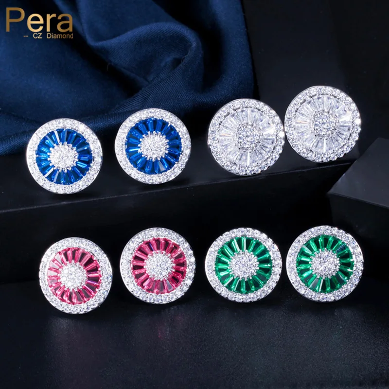 Pera Elegant Green Red Blue Cubic Zirconia Pave Setting Silver Color Women Party Big Round Shape Stud Earrings for Gift E207