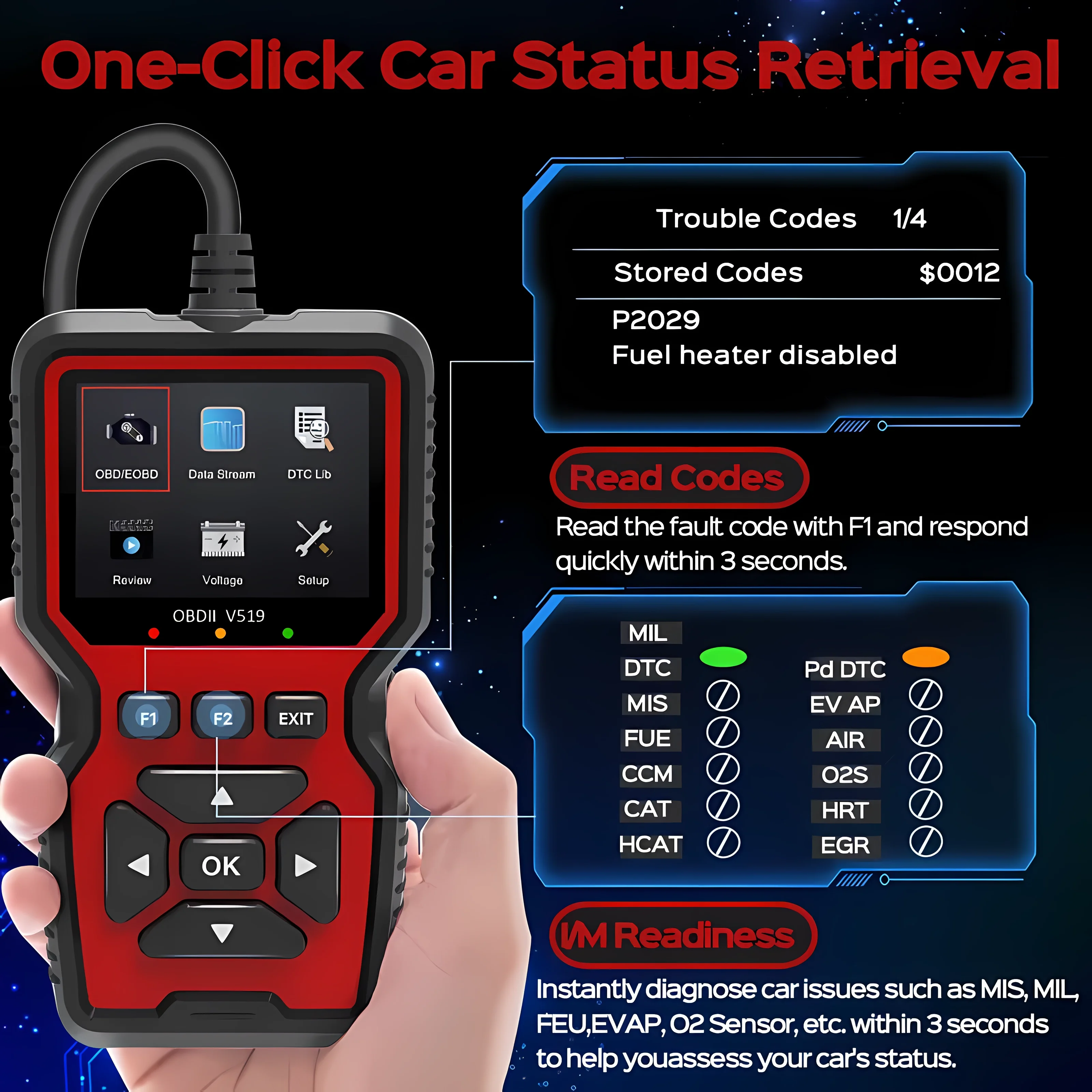V519 New Arrival Auto Scan Tools OBDII Full System Code Reader Hand-held Engine Analyzer for Car Diagnostics Hot-selling