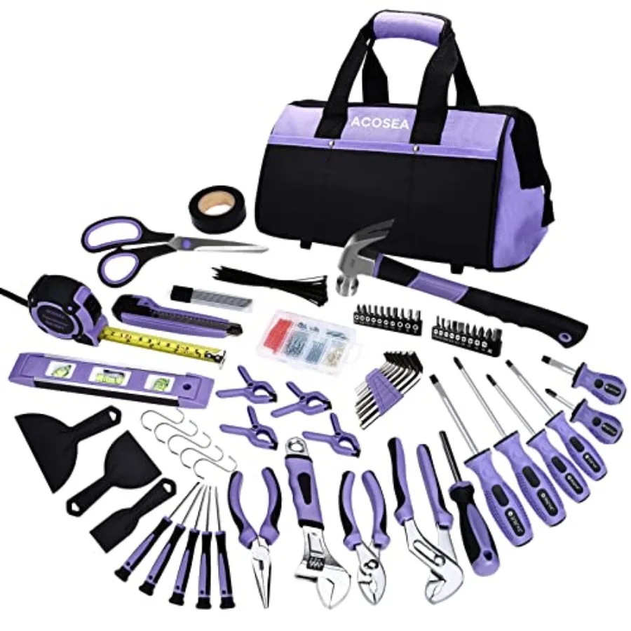 

ACOSEA Purple Tool Set, 223-Piece Tool Sets for Women, Tool Kit with 13-Inch Wide Mouth Open Purple Tool Bag, The Basic Tool Se
