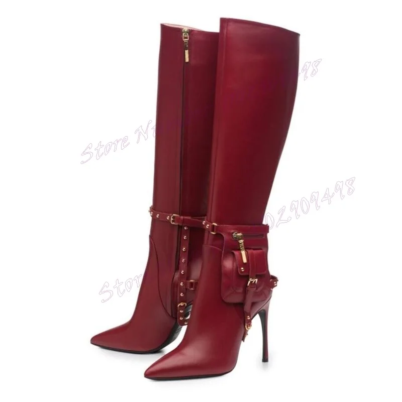 

Red Pocket Decor Knee High Boots Strappy Pointy Toe Shoes for Women Matte Leather Thin High Heels Shoes 2024 Zapatos Para Mujere