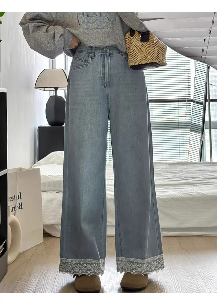 

Женские джинсы с высокой талией и широкими штанинами, с кружевной отделкой по низу, винтажные, из выстиранного денима, повседневные свободные брюки 2026