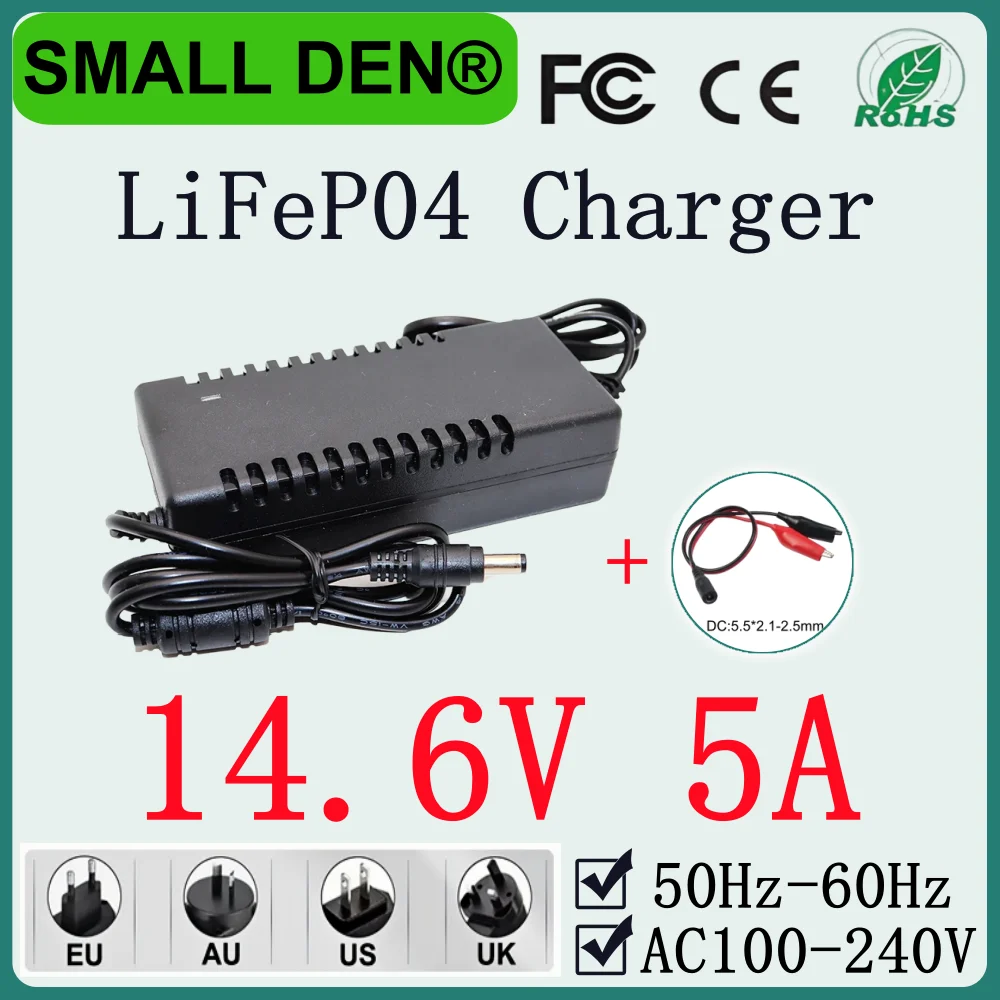 14.6V 5A LiFePO4 Charger 4S 12.8V Lifepo4 battery pack charger Smart power off AC100-240V DC5.5*2.1/2.5mm Plug +Crocodile clip