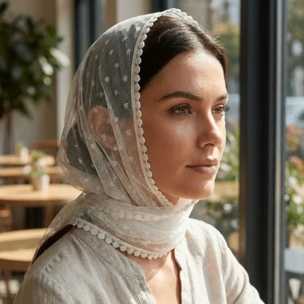 

Sophisticated Soft Lace Headscarf Polka Dot Veil Triangular Scarf Shawl Thin Bridal Face Covering Mass Occasions
