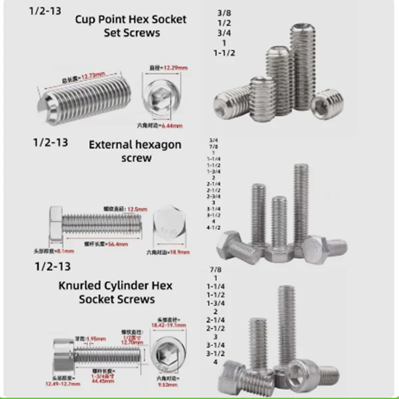 10 Pcs UNC UNF 304 3/8 1/2 3/4 1 1/2-13 2 3 4 Anti-Slip Wear-Resistant And Corrosion-Resistant  1/2-13  Screws Us And Uk Sizes