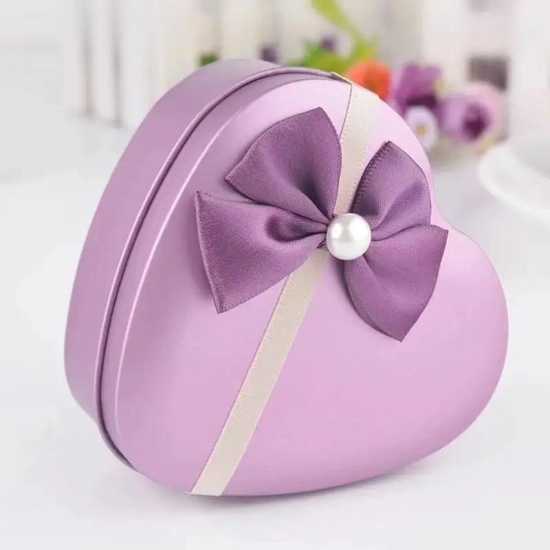 Classic wedding chocolate candy box heart shaped metal gift boxes jewelry tin boxes wedding favors holder with beatiful bowknot