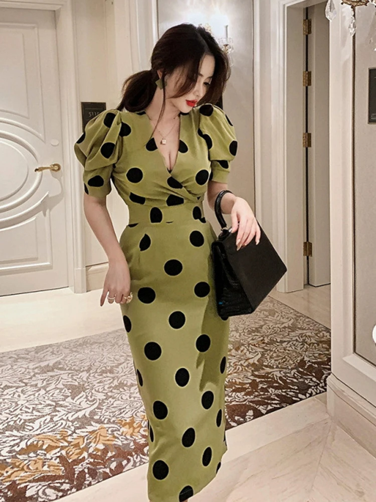 Women Clothes Formal Occasion Retro Dot Print Puff Sleeve Slim Midi Pencil Dress Elegant Lady Party Vestido Casual Summer Korean