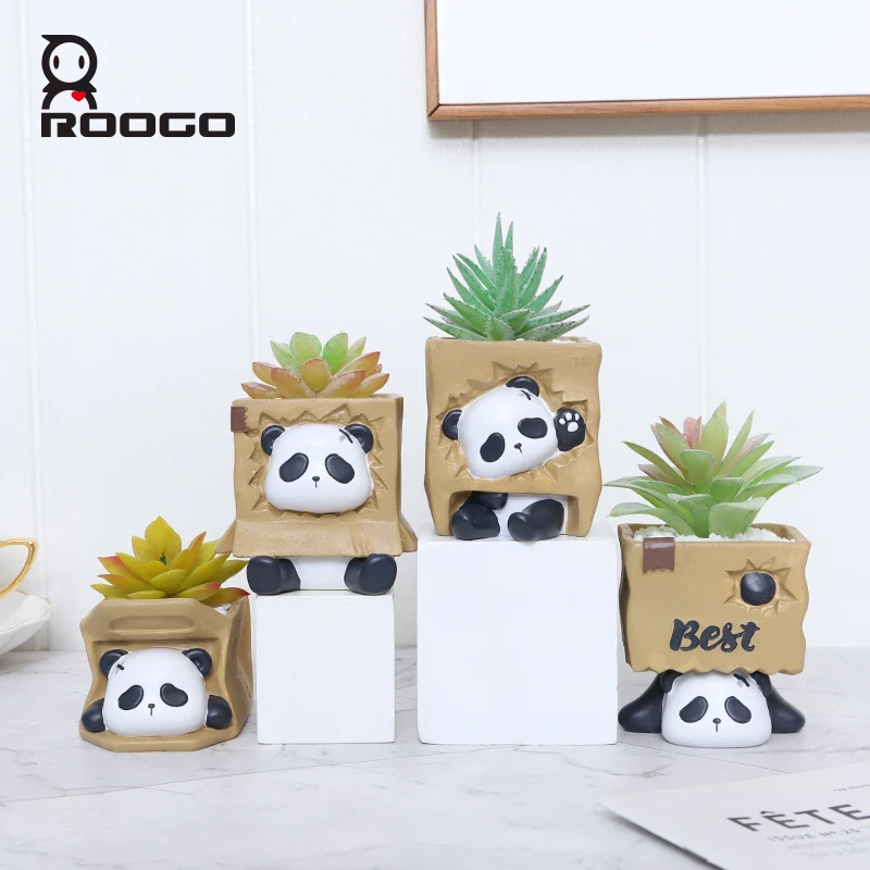 Roogo Animal Figurine Succulent Plant Pot Creative Home Decor Panda with Box Resin Flowerpots Pen Brush Holder Cactus Bonsai Pot