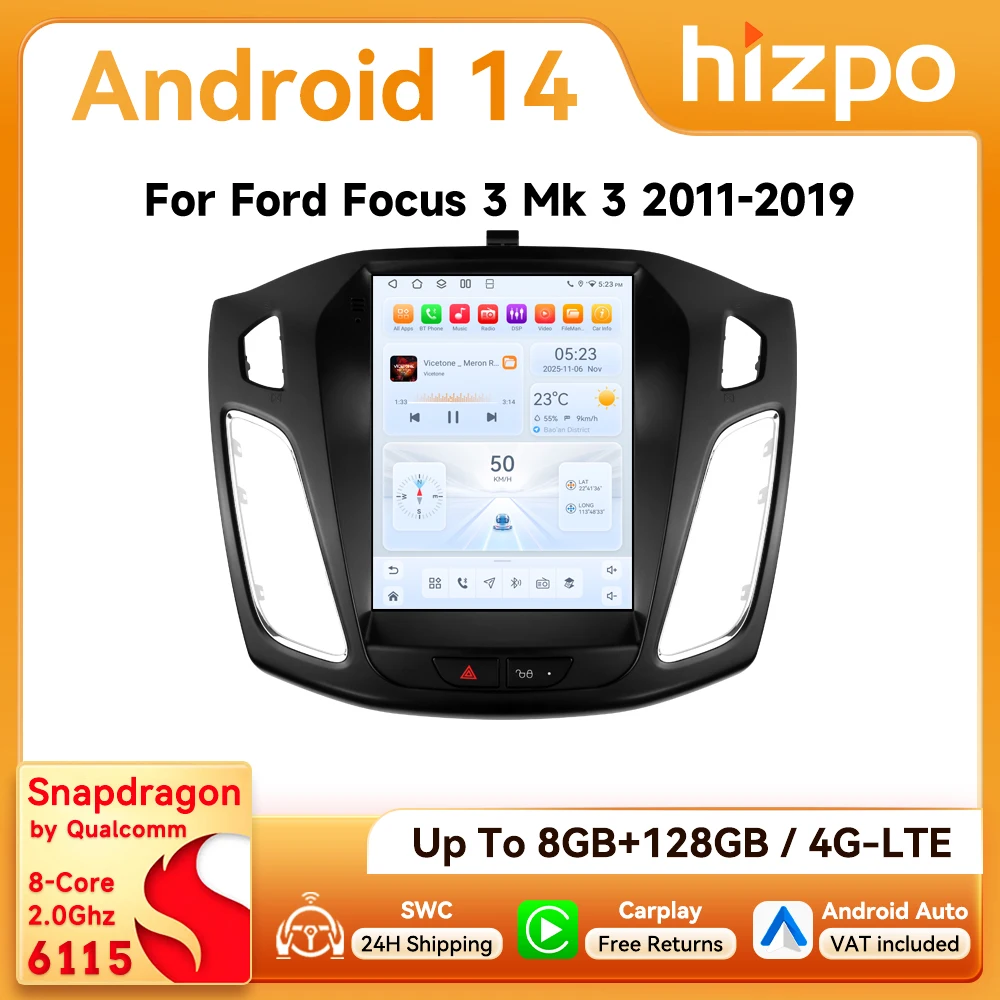 9,7-Zoll Hizpo Android Auto Autoradio für Ford Focus 3 Mk3 2011 - 2019 Tesla-Style Bildschirm GPS DSP 4G BT CarPlay RDS DSP 360 ° GLAS