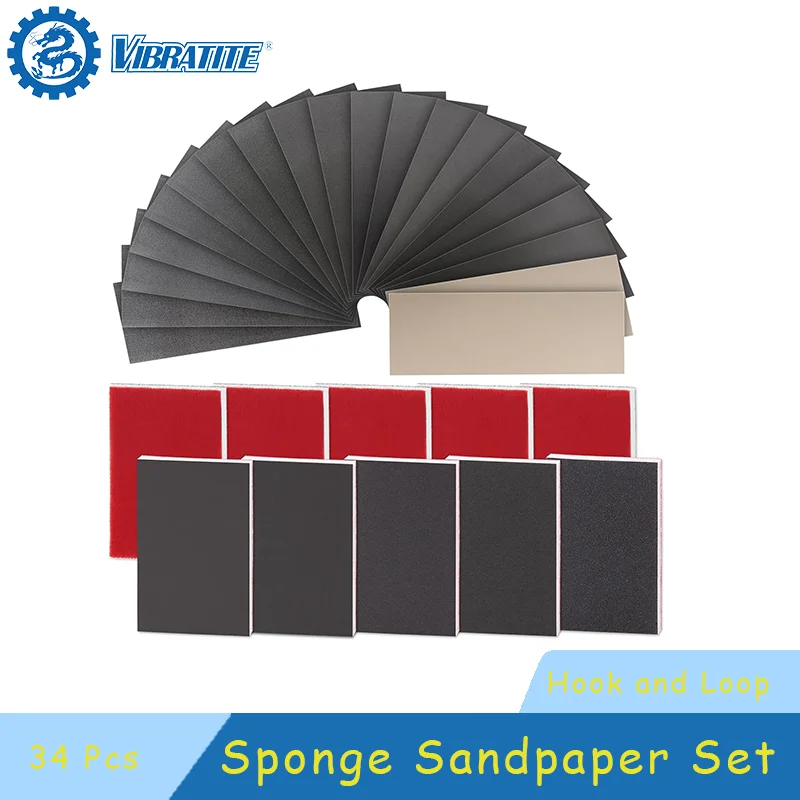3 x 4 Zoll Schwamm-Schleifpapier mit 3,6 x 9 Zoll Nass-Trocken-Schleifpapier, 34-teiliges Sortimentsset zum Polieren und Schleifen von Metallautos