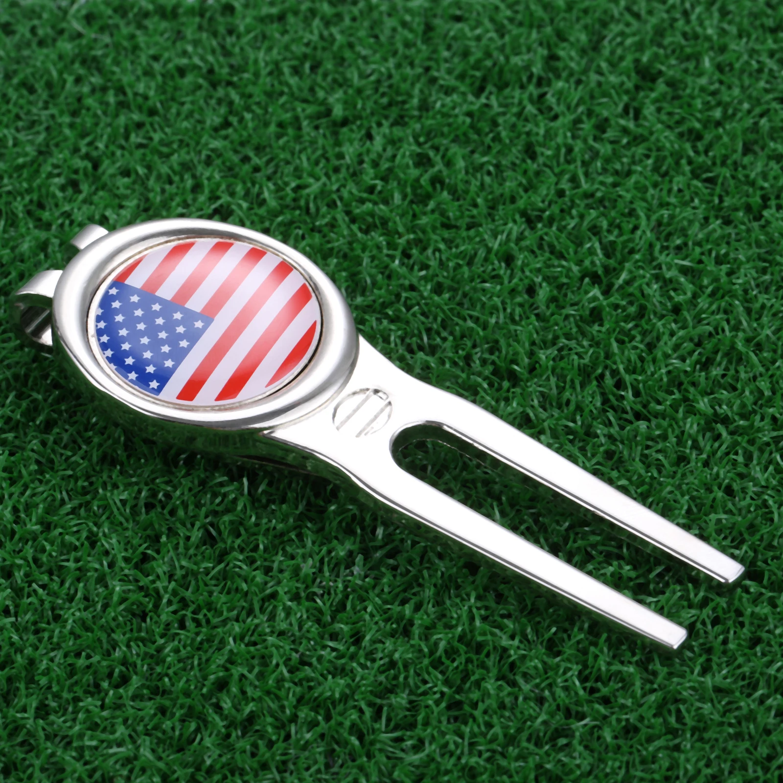 1PC Alloy Golf Pitch Mark Repair Divot Tool With Detachable Golf Hat Clip Ball USA Flag Marker 2-in-1 Pocket Green Accessories