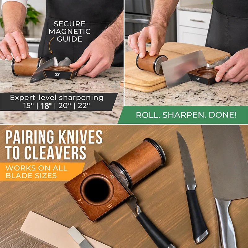 

Black/Coffee Rolling Knife Sharpener W/4-Angle Storage Base, Diamond Discs & Magnetic Guide(15/18/20/22°)