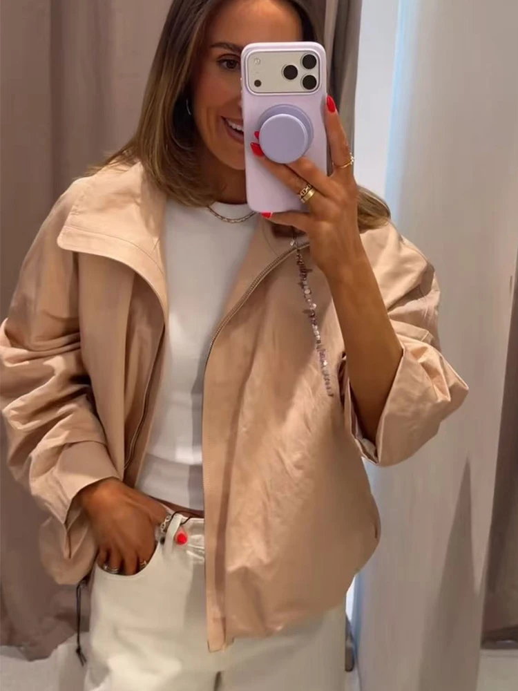 TFMLN Women's New Short Coat Casual Loose Simple Pink Zipper High Collar Pilot Long Sleeve Jacket Autumn Fashion Streetwear
