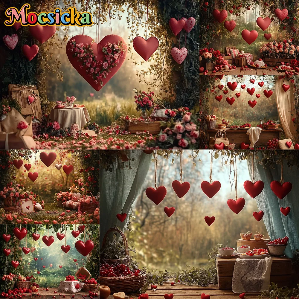 

Mocsicka фон для фотосъемки с красным сердцем, воздушный шар, украшение в виде яблока, детский портретный фон для фотосъемки на первый день рождения