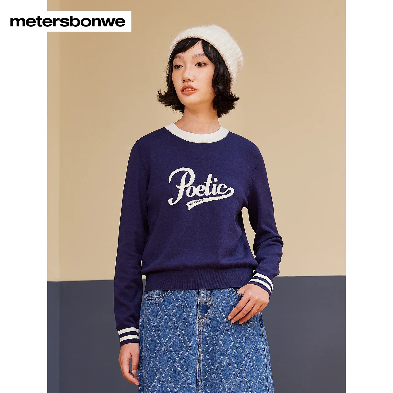 Metersbonwe-Women's Long Sleeves Sweater Round Collar Regular Fit Letter Jacquard Campus Commuter Winter