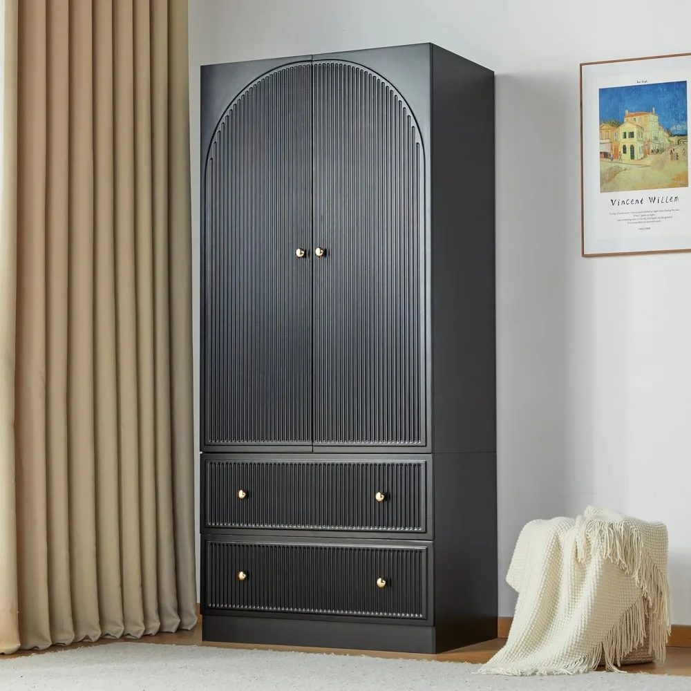 

Wardrobe Closet Freestanding Armoire Wardrobe Closet with 2 Doors and 2 Storage Drawers Wooden Closet for Bedroom