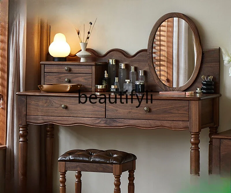 

American retro black walnut dresser bedroom small apartment solid wood makeup table