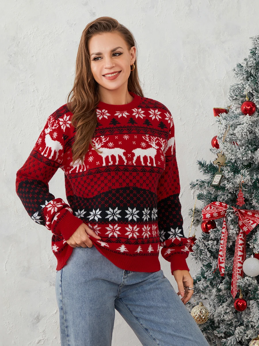 Unisex Christmas Sweater Winter Warm Couples Knit Pullovers Long Sleeve Round Neck Reindeer Pattern Classic Jumpers Knitwear