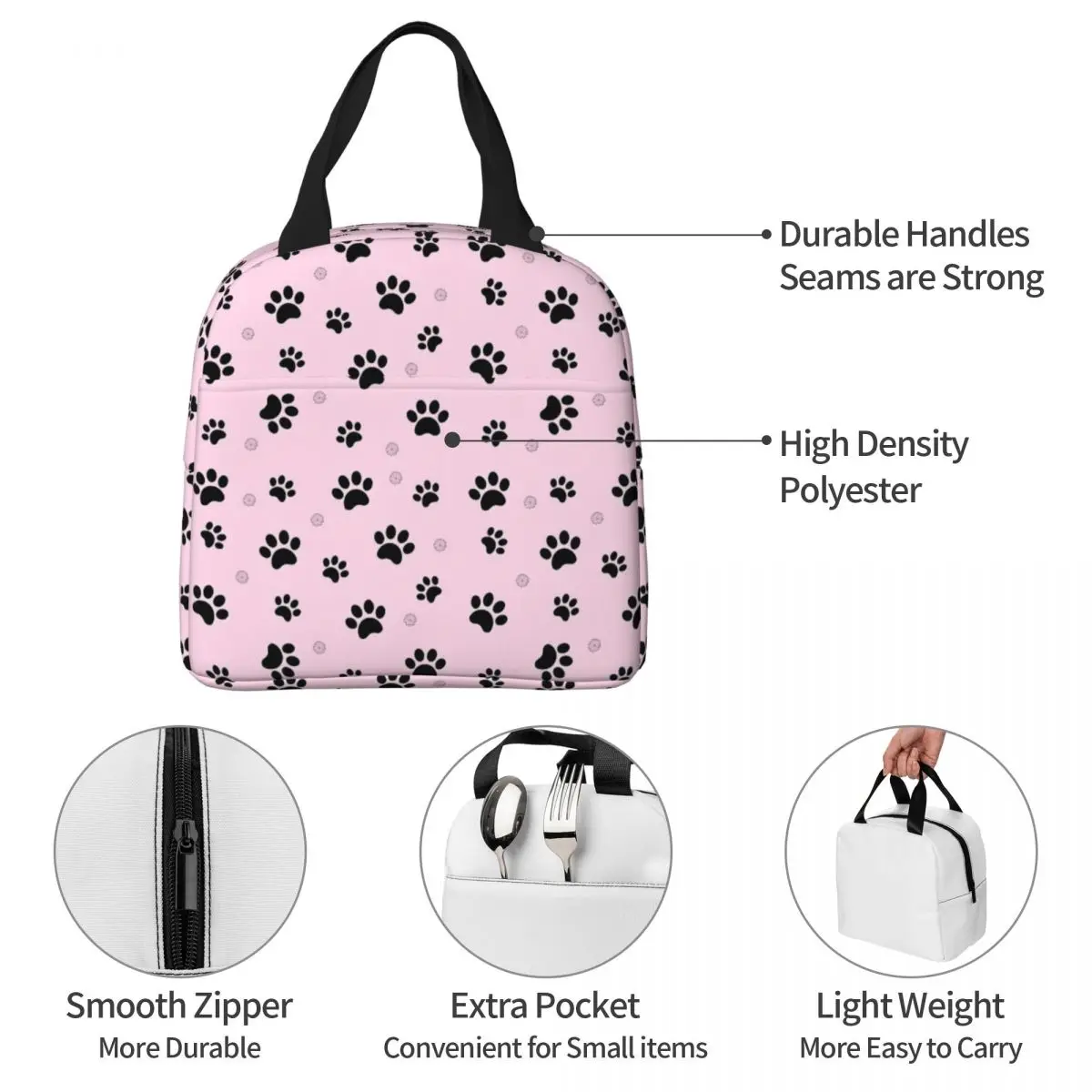 Pink Paw Insulated Lunch Bag Thermal Bag Lunch Container High Capacity Tote Lunch Box Girl Boy College Travel