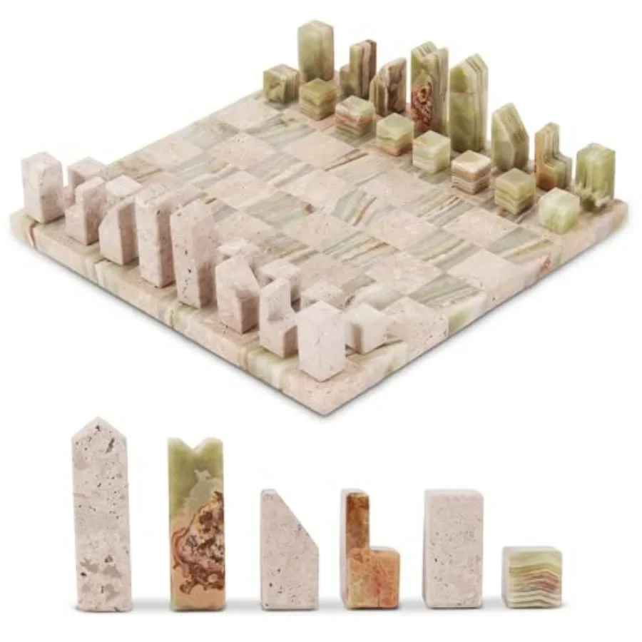

Coffee table chess set handcrafted borderless marble board with minimalist geometric pieces, white and black, luxury home decor