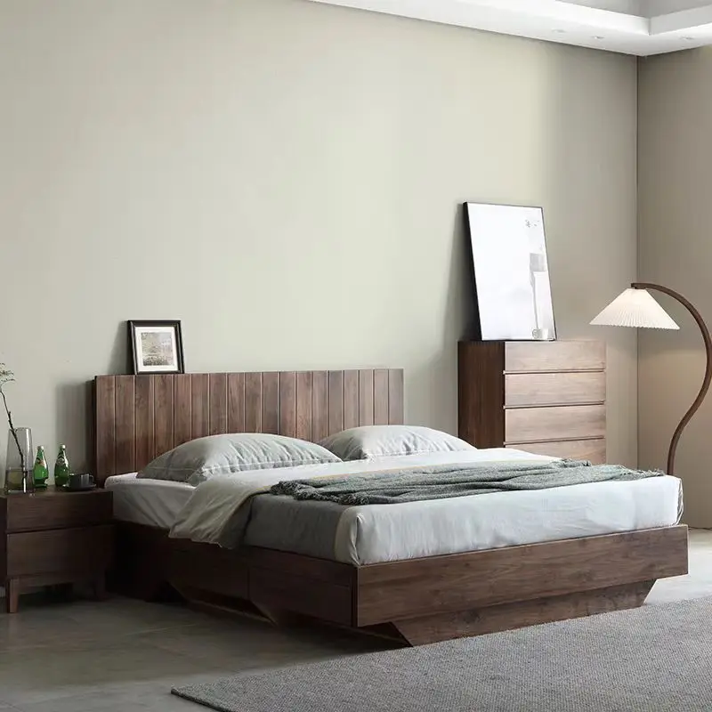 Customizable black walnut high box bed storage Nordic double master bedroom marriage bed 1.8 meters modern simplicity