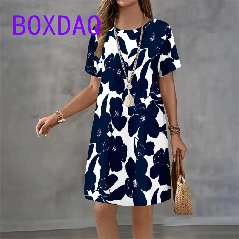 Colorful Tie dye Flowers Pattern Print Women Dresses Casual Summer Short Sleeve O-Neck Loose A-Line Dresses Street Boho Sundress